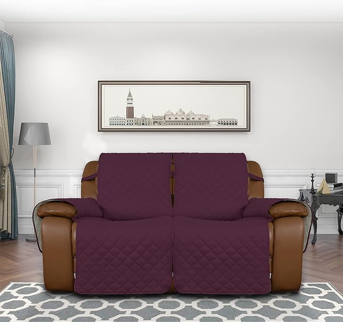 Easy-Going Loveseat Recliner Cover, Reversible Couch Cover for Double Recliner, Split Sofa Cover for Each Seat, Furniture Protector with Elastic Straps for Kids, Dogs, Pets(2 Seater, Wine/Beige)