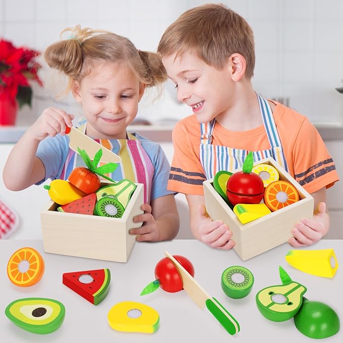 Wooden Play Food Toy Set for Kids Kitchen - 30 Pcs Montessori Cutting & Color Sorting Fake Fruit Accessories with 4 Boxes, Pretend Play Toys for Toddlers 3, Birthday Gifts for Boys Girls