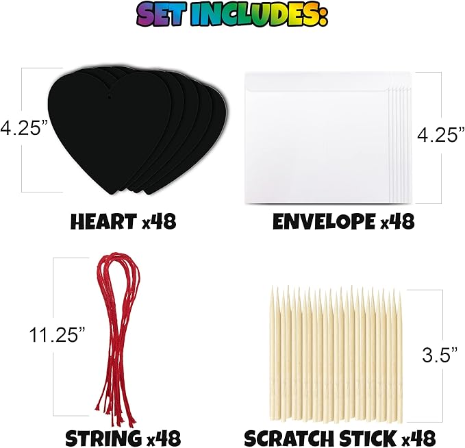 ArtCreativity 48 Pack Scratch Off Valentine Cards for Kids Classroom, Set of 48 Valentine Kids Cards Ink-Free Scratch Off Hearts with Scratch Sticks, Red String, and Envelopes, Valentines Kids Crafts