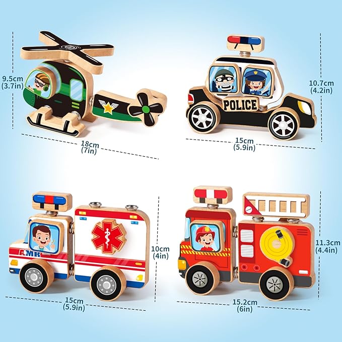HUZU Emergency Vehicles 3D Puzzle Toy, Rescue Squad Wooden Snap Button Connection Building Blocks for Kids 3-8, Fire Truck Ambulance Police Car Helicopter Montessori Gifts for Preschool Children