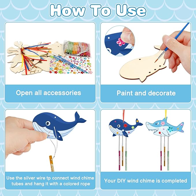 Fennoral 9 Pack Wind Chime Kit for Kids Make Your Own Ocean Animals Wind Chime Wooden Arts and Crafts for Girls Boys Ornaments DIY Coloring Sea Animals Craft for Art Activity Summer Party Decoration
