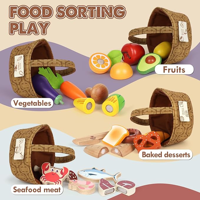 Lehoo Castle Wooden Play Food for Toddlers, Pretend Play Kitchen Accessories, 4 Food Groups, Montessori Sorting Toys for Toddlers 3-5, Cutting Fruits Toys for Boys Girls Kids Ages 4-8