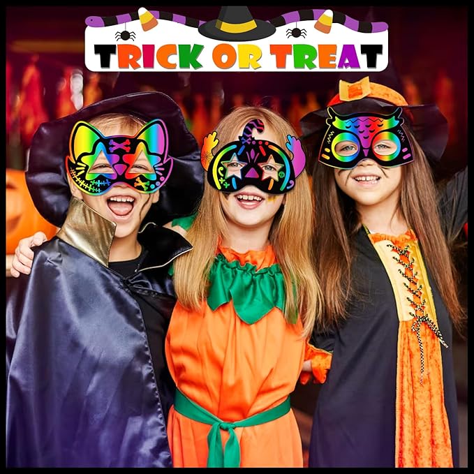 PARTYWIND 32 PCS Halloween Scratch Masks, Magic Halloween Scratch Art Crafts for Kids Party Decorations, DIY Scratch Off Masks for Kids Halloween Activities Party Supplies with Pumpkin Zombie Bat