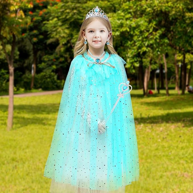 Princess Cape Set Dress Up Accessories Party Cosplay Cloak Costumes with Tiara Crown Wand Wig Golves for Little Girls
