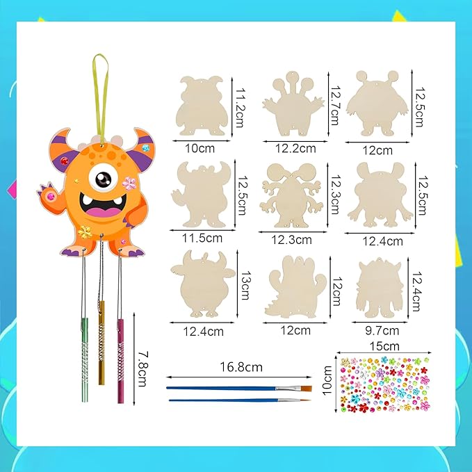 Fennoral 9 Pack Monster Wind Chime Kit for Kids Make Your Own Monster Wind Chimes Wooden Arts and Crafts for Girls Boys DIY Coloring for Christmas Art Activity Party Decoration Birthday Gifts