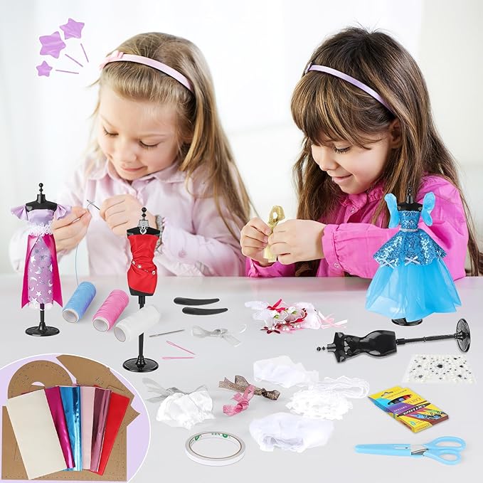 deAO Fashion Design Kit for Girls with Mannequins Creativity DIY Arts & Crafts Toys Doll Clothes Sewing Kit Kids Learning Toys Craft Activities with Real Fabric and Sewing Tools for Age 3+