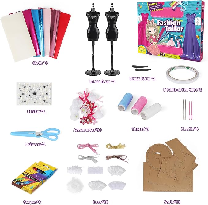 deAO Fashion Design Kit for Girls with Mannequins Creativity DIY Arts & Crafts Toys Doll Clothes Sewing Kit Kids Learning Toys Craft Activities with Real Fabric and Sewing Tools for Age 3+