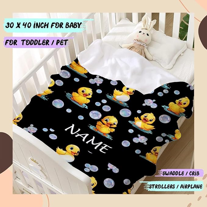 Custom Name Ducks And Bubbles Blanket Adult duck Blanket Kids Funny Blanket Suitable for Bedroom bed sofa Crib Couch Chair outdoor All Season Items That Yellow Duck Lovers Will Love 50"x40"for Kid