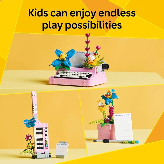 LEGO Creator 3 in 1 Typewriter with Flowers - Building Toy with 3 Building Options, Typewriter, Flowerpot with Pen & Notebook, or Keytar - Gift Idea for Birthdays - 31169