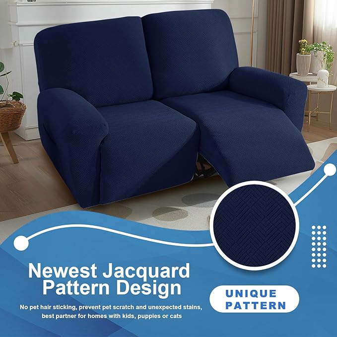 JIVINER 4 Pieces Recliner Loveseat Covers Stretch Recliner Sofa Slipcover with Elastic Bottom Jacquard Fitted Reclining Couch Cover Furniture Protector with Pockets (2 Seater, Navy Blue)
