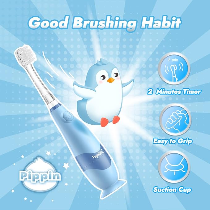 Papablic Toddler Sonic Electric Toothbrush for Ages 1-3 Years, Baby Electric Toothbrush with Cute Penguin Cover and Smart LED Timer, 2 Brush Heads (Pippin)
