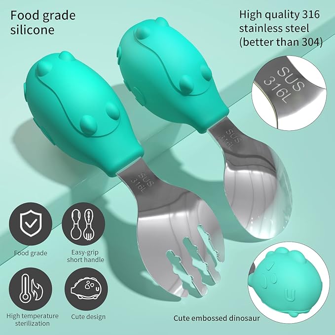 Deejoy Toddler Utensils, Toddler Spoons and Forks, Stainless Steel Spoon Toddler Silverware Set, Kids Silverware Self Feeding Flatware Set with Travel Safe Case for Kids (Green)