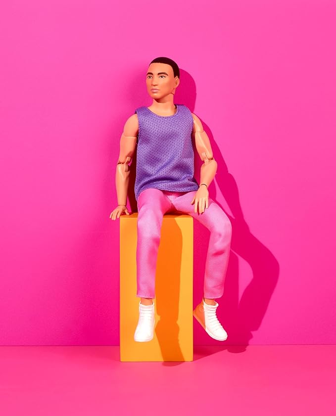 Barbie Looks Ken Fashion Doll with Black Hair Dressed in Purple Mesh Top & Pink Trousers, Posable Collectible with Made to Move Body