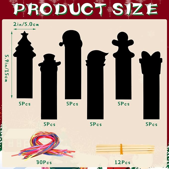 JUNEBRUSHS 30Pcs Christmas Scratch Bookmarks, Rainbow Magic Scratch Paper Art Christmas Tree Santa DIY Crafts Kit for Xmas Hanging Ornaments Christmas Party Favors Gifts