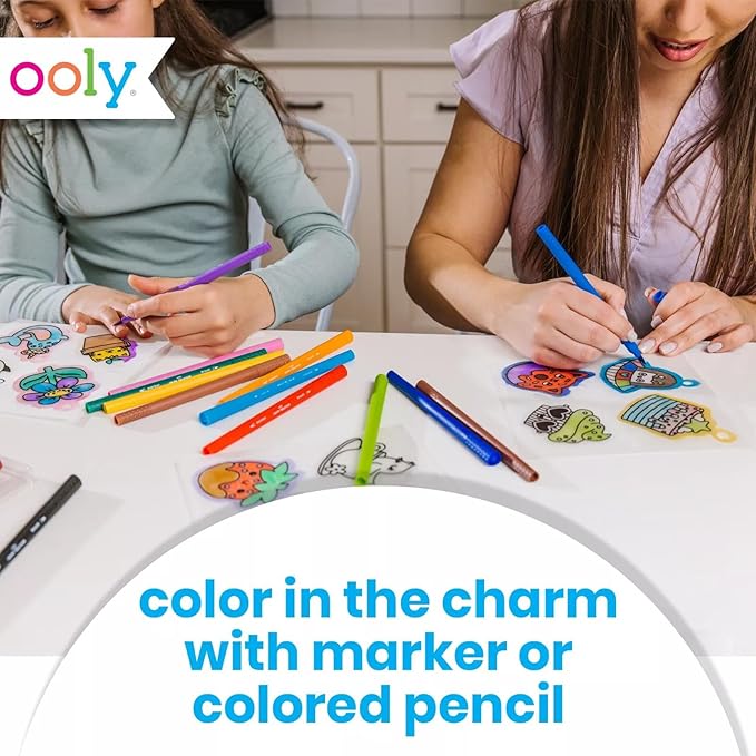 Ooly Shrink-Its DIY Shrinking Art & Vivid Pop Marker Kit, 40 Pre Cut Shrinking Charms, 6 Cords & Chains, 8 Water Based Paint Markers for Kids in Classic Colors