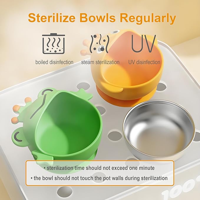 Suction Bowls Set for Baby Feeding，Yellow Duck Silicone Suction Baby Bowl and Food-Grade 304 Stainless Steel Bowl with Fork and Spoon,Dishwasher Safe