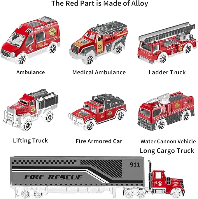 TEMI Diecast Emergency Fire Rescue Vehicle Toy Set w/Play Mat, Truck Carrier,Ambulance, Alloy Metal Fighting Car for 3 4 5 6 Years Old Toddlers Kids Boys and Girls