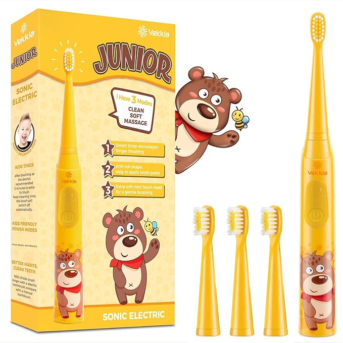 Vekkia Sonic Rechargeable Kids Electric Toothbrush, 3 Modes with Memory, Fun & Easy Cleaning, 24000 Strokes, IPX7 Waterproof, 2-Min Timer for Age 5+, 4 Soft Bristles(Yellow)