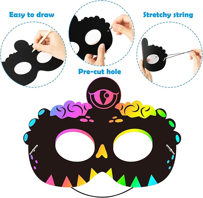 WATINC 28pcs Monster Scratch Mask Gift Set for Kids, Halloween Party DIY Magic Scratch Paper Monster Masks, Xmas Party Favors Craft Kit School Classroom Activity Art Project