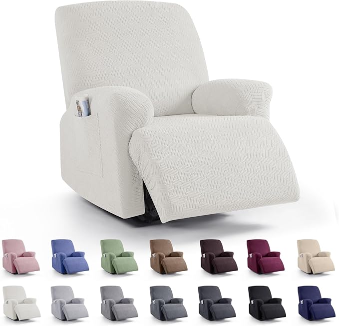 KinCam Recliner Covers, Stretch Reclining Chair Covers, Recliner Sofa Slipcovers Stripe Jacquard Recliner Couch Covers Furniture Protector Covers for Pet Kid (1 XL Seater, Cream)