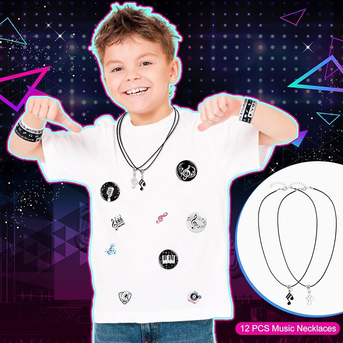 Seajan 110 Pcs Music Party Favors Include Music Notes Silicone Bracelets Musical Note Necklaces Keychains Stickers Badges Organza Gift Bag Fillers for Music Themed Birthday Party Supplies Decorations