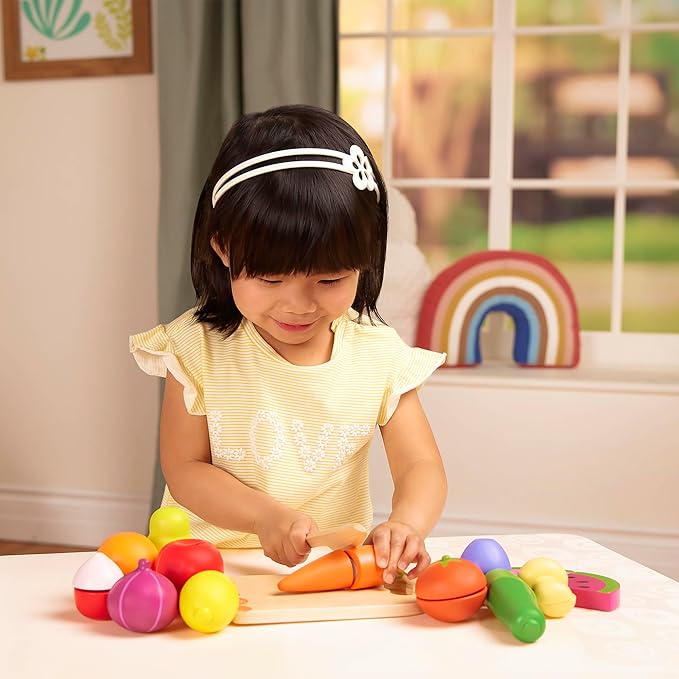 B. toys- Chop 'n' Play - Wooden Fruits & Veggies- Pretend Play Playset- Sliceable Play Food for Toddlers, Kids – Play Knife & Cutting Board – 2 Years +
