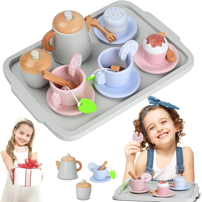 Two Color Design Toy Tea Party Set for Toddler Girls, Wooden Toy Tea Set, Toddler Play Food for 3-5-7 Years Girls and Boys…