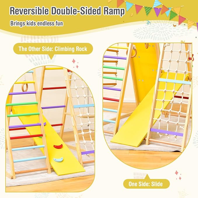 Costzon Indoor Jungle Gym, 8-in-1 Montessori Climbing Toys for Toddlers with Slide, Climbing Rock/Net, Monkey Bars, Indoor Wooden Playground Climber Playset for Kids 3-6 Years Birthday