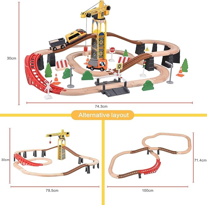 Giant bean 72PCS Tower Crane Wooden Train Set, Battery Operated Electric Train Track for Boys and Girls 3-7, Christmas Birthday Toy Gift