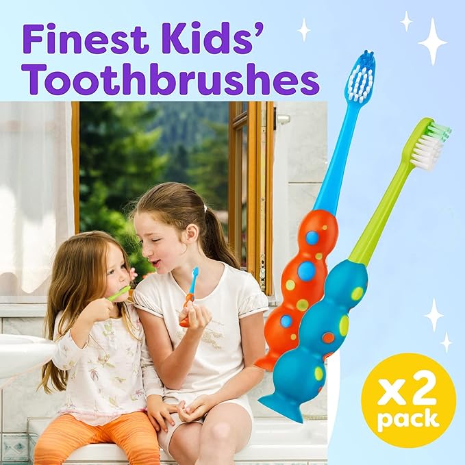 Trueocity Kids Toothbrush 2 Pack - Soft Contoured Bristles - Child Sized Brush Heads (3-10 Year Old) - Suction Cup for Fun & Easy Storage - Girl & Boy Set (2-Pack, Blue & Orange)