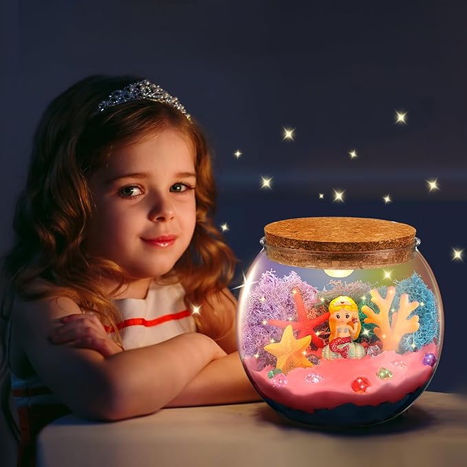 Mermaid Terrarium Kit for Kids, Light Up Terrarium Arts & Crafts Kit with Mermaids Toy for Girls, Fun DIY Mermaid Arts and Crafts Projects, Birthday Gifts for Girl Ages 3 4 5 6 7 8 9 10 11 12 Year Old