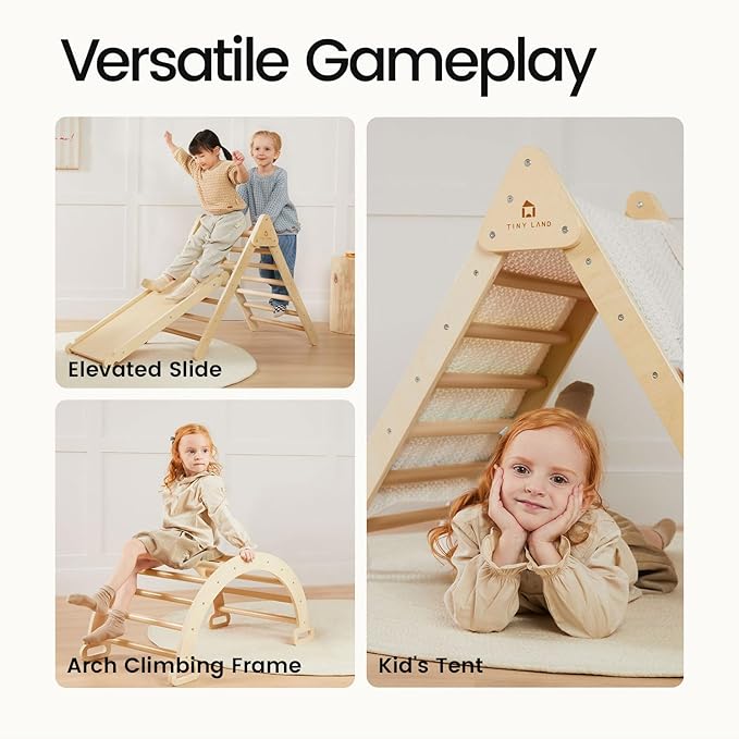 Tiny Land Pikler Triangle Set, 7-in-1 Foldable Pikler Triangle Climbing Toys Set for Kids,Baby Indoor Playground Jungle Gym, Wooden Montessori Climbing Set for Toddler (Natural)