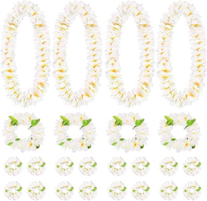 HOBBY HORSE 24 Pieces Hawaiian Luau Flower Leis Halloween Decor Leis White Necklaces Bracelets Headband Anklets Set Tropical Party Favor for Halloween Cosplay Beach Wedding Birthday Party Supplies