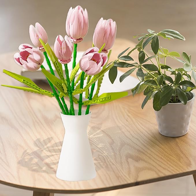 Flower Bouquet Building Toy Set Tulips, Botanical Building Blocks for Adults Home Office Decor Pink Color