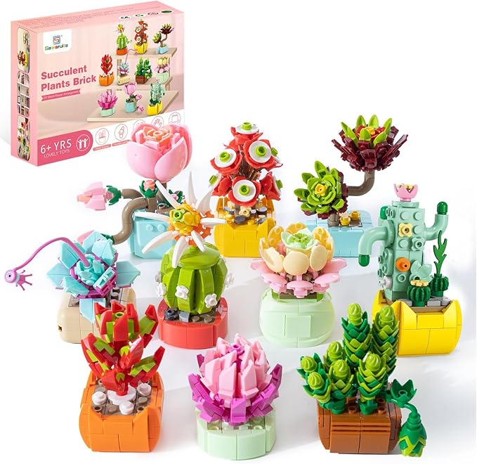 Sawaruita 10 Pack Tiny Plants Succulent Flower Bonsai Building Set -Succulent Botanical Building Toys for Adult -Gifts for Mother's Day, Valentine's Day