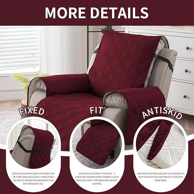 Easehomey 100% Waterproof Recliner Chair Covers, Non Slip Oversized Reclining Cover, Cover Furniture Protector Washable Chair Cover with Pocket,Elastic Straps for Kids,Pets,Dogs(Wine Red,28")