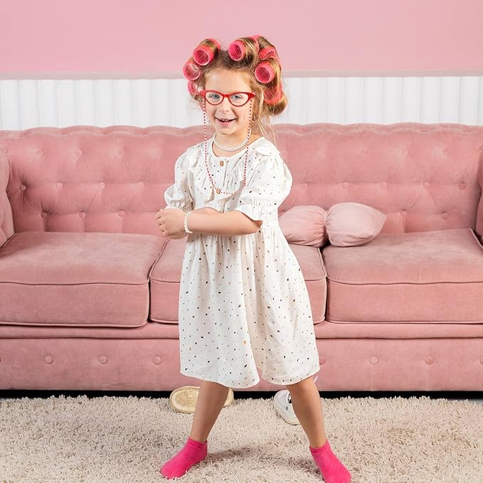 9 PCS 100 Days of School Old Lady Wig Set Include Wig Glasses Necklace Bracelet Glasses Chain Bag Cane and Stickers