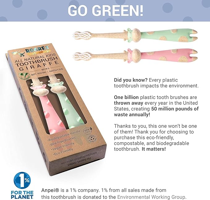 ROARex® All-Natural Eco Friendly Kids Toothbrush Made from Plants - Giraffe 4-36m - Baby to Toddler - Mint/Rose - 4pk | 1% for The Planet Product