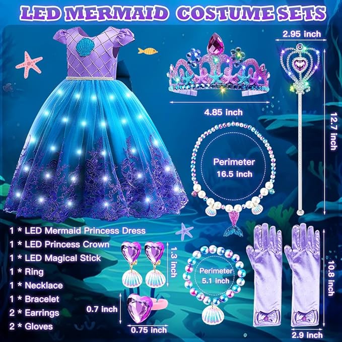 TOLOYE Princess Dresses for Girls, Light Up Mermaid Unicorn Costume Dress with Accessories for Halloween Carnival Cosplay