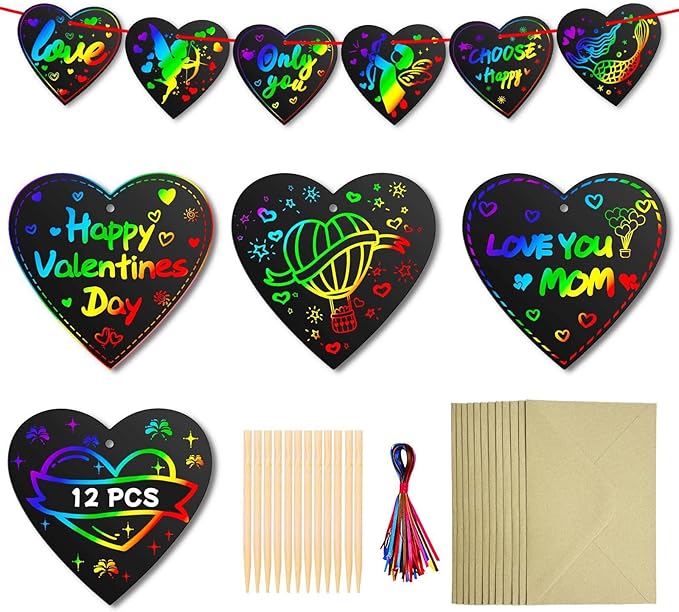 Cute Valentines Day Cards Kids Gifts - Arts Crafts Scratch Doodle Heart Paper, Birthday Party Favor Gift Idea for Boys Girls, Christmas Stocking Stuffers DIY Present for Child, Easter Gifts for Kids