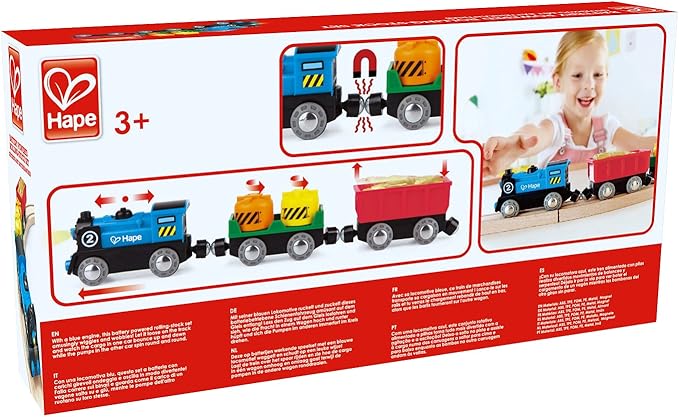 Hape Battery Powered Engine Set | Colorful Wooden Train Set, Battery Operated Locomotive with Working Lamp