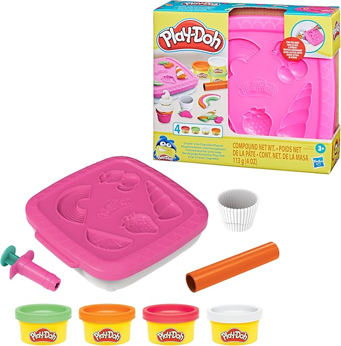 Play-Doh Create ‘n Go Cupcakes Playset, 4 Colors & Storage Container, Play Food Sets, Easter Basket Stuffers, Preschool Toys, Kids Arts & Crafts, Ages 3+