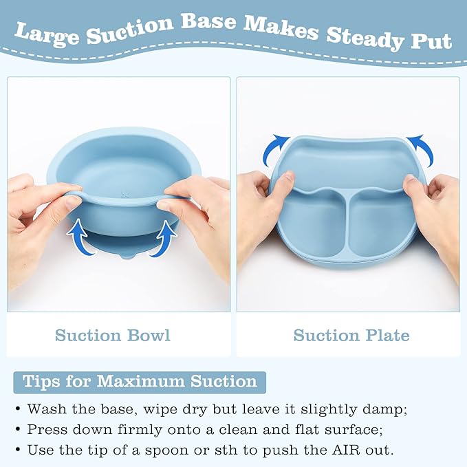 Silicone Baby Feeding Set, Baby Led Weaning Supplies with Suction Bowl Divided Plate, Toddler Self Feeding Dish Set with Spoons Forks Sippy Cup Adjustable Bib, Eating Utensils for 6+ Months(Blue)