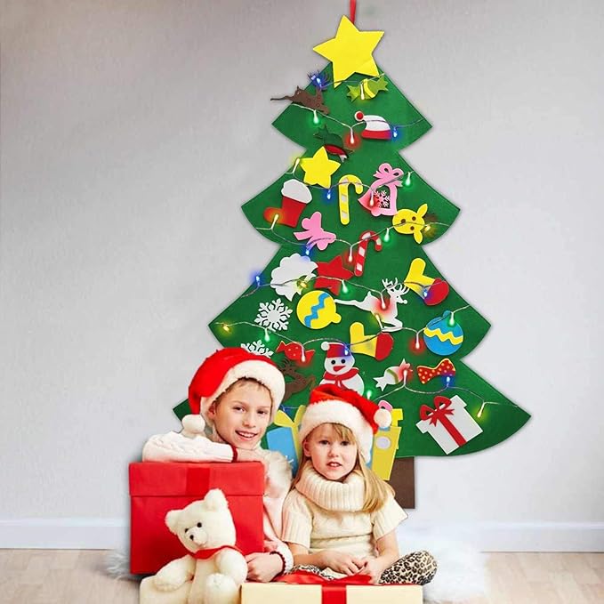 iGeeKid 4 Ft Led Felt Christmas Tree for Toddler Kids DIY Felt Christmas Craft Kits with 30 Ornaments 10ft Multi-Colored String Light Christmas Wall Hanging Decor Xmas Kids Gifts Party Supplies