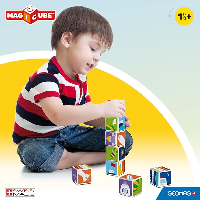 Geomag MagiCube Transport 4-Piece Magnetic Stacking Cubes Building Set, Toddlers & Kids Ages 1.5 and Up, STEM Educational Toy, Swiss-Made, Creativity, Imagination, Learning, 6 Adorable Building Ideas