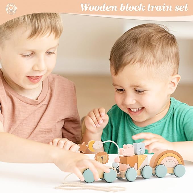 Wooden Train Toys Set Wooden Stacking Train for Toddler Animal Train Toy Montessori Toys for 1 2 3 Boy Girl Christmas Birthday Gift