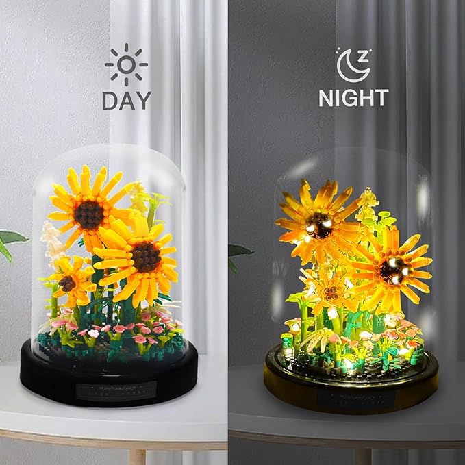 Topdear Sunflwer Building Block with LED String Light and Dust Cover, Flower Bouquet Building Set Gifts for Mothers Day, Valentines Day, Birthday, Anniversary, Christmas