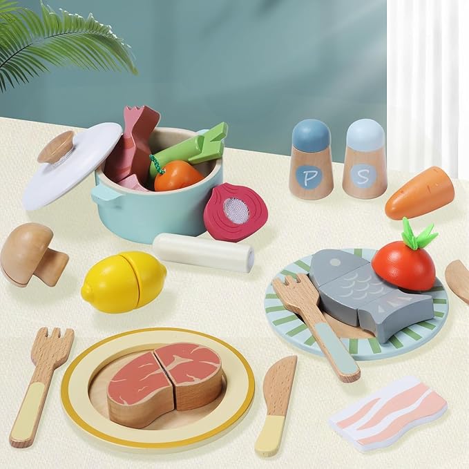 Giant bean Wooden Play Food Set, Play Kitchen Accessories, 78 PCS Pretend Cooking Set, Vegetables Fruits Cutting Toys, Dishes, Educational Toddler Toys