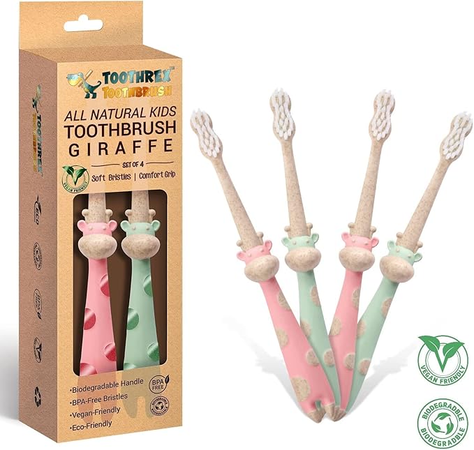 ROARex® All-Natural Eco Friendly Kids Toothbrush Made from Plants - Giraffe 4-36m - Baby to Toddler - Mint/Rose - 4pk | 1% for The Planet Product