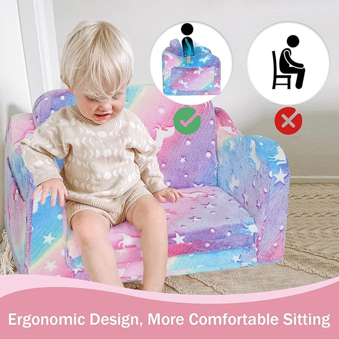MeMoreCool Kids Fold-Out Couch, Convertible Glowing Rainbow Unicorn Flip Sofa Chair for Playroom, Toddler Lounger for Girls and Boys